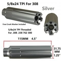 DB TAC Low Concussion Muzzle Brake Compensator 4.5 inch Extra Long 5/8x24 TPI Thread For .308 / .338 / 300Blackout / 350Legend/9mm Silver Color