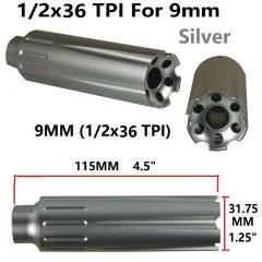 DB TAC Low Concussion Muzzle Brake Compensator 4.5 Inch Extra Long 1/2x36 TPI Thread For 9mm Caliber Silver Color