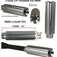 DB TAC Low Concussion Muzzle Brake Compensator 4.5 inch Extra Long 1/2x28 TPI Thread For 9mm/350Legend Caliber, Silver Color