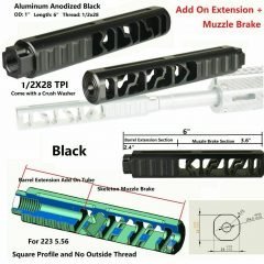 DB TAC Aluminum 1/2''X28 TPI Thread For .22LR/.223/5.56 Caliber Square Profile 3.6" Short Muzzle Brake With 2.4" Extension No Outside Thread