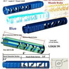 DB TAC 1/2''x28 TPI Thread For .22LR/.223/5.56 Caliber Square Profile 3.6" Muzzle Brake With 2.4" Extension No Outside Thread Blue Color Aluminum 7075 T6