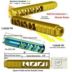 DB TAC Aluminum Gold 1/2''x28 TPI Thread For CMMG 5.7x28 Caliber Square Profile 3.6" Muzzle Brake With 2.4" Extension No Outside Thread