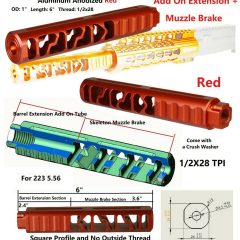 DB TAC Aluminum 1/2''x28 TPI Thread For .22LR/.223/5.56 Square Profile 3.6" Short Muzzle Brake With 2.4" Extension No Outside Thread