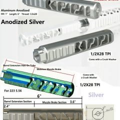 DB TAC Aluminum Silver Color 1/2''x28 TPI Thread For CMMG 5.7x28 Square Profile 3.6" Muzzle Brake With 2.4" Extension No Outside Thread