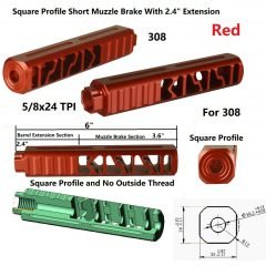 DB TAC Aluminum 5/8''x24 TPI Thread For 6.5 Creedmoor Square Profile 3.6" Short Muzzle Brake With 2.4" Extension No Outside Thread Red Color