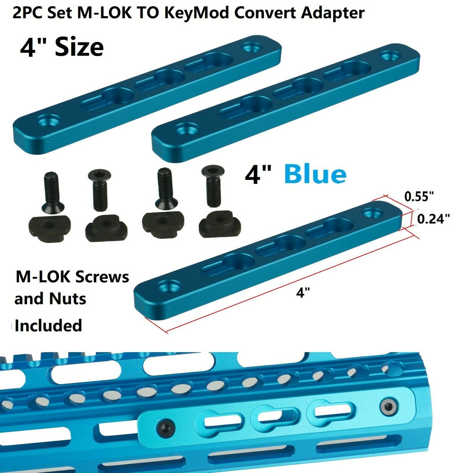 DB TAC 2PC Set 4 Inch Blue Anodized M-LOK to KeyMod Rail Section Converter Adapter Mount