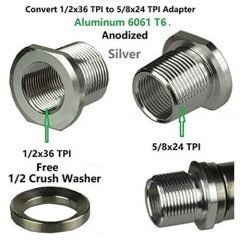 DB TAC Thread Convert Adapter 1/2''x36 TPI Thread to 5/8''x24 TPI Thread Anodized Silver Color Aluminum