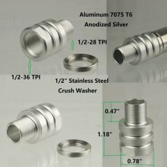 DB TAC Aluminum Thread Convert 1/2''x36 TPI Thread to 1/2''x28 TPI Thread Protector Aluminum 7075 T6 Anodized Silver Color