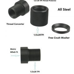 DB TAC M9x0.75 to 1/2x28 Thread Converter Adapter with 1/2x28 Thread Protector for GSG Firefly / Mosquito – Steel Black