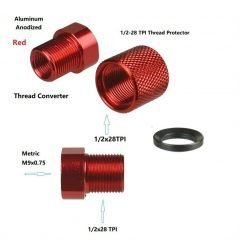 DB TAC M9x0.75 to 1/2x28 Thread Converter Adapter with 1/2x28 Thread Protector for GSG Firefly / Mosquito – Aluminum Red