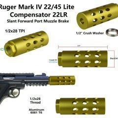 DB TAC Compensator For Ruger Mark IV 22/45 Lite , 1/2''x28 TPI Thread .22 Gold Color