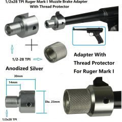 DB TAC Muzzle Brake For Ruger .22 Mark I Adapter With Thread Protector 1/2x28 TPI Thread, Silver Color
