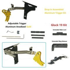 DB TAC Lower Parts Kit For GLOCK 19 Gen 1-3 9mm, Anodized Gold Aluminum Adjustable Trigger Polymer 80 Extended Release
