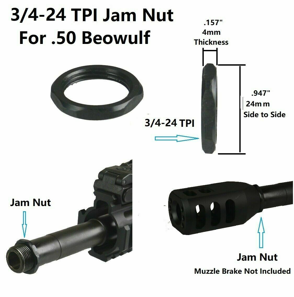 DB TAC .50 Beowulf Tanker Muzzle Brake – 3/4x24 TPI Thread Aluminum 6082 T6 Black w/ Jam Nut - Image 5