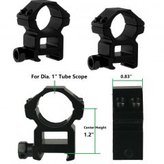 DB TAC 1 Pair 1'' Dia 1.2 Inch Mid Profile Height Scope Rings Picainny/Weaver Mounting