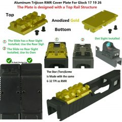 DB TAC Gold Color Mount for RMR Cut Slide Cover Plate With Top Rail for Red Dot Fits Glock 17 / 19 / 22 / 23 / 26 / 27 / 31 / 32 / 33 / 34 / 35 / 45 / 47 Cut Slides
