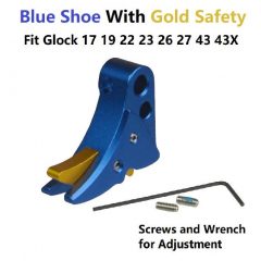 DB TAC Blue Color Trigger Shoe With Gold Color Safety For All Glock GEN 3-4 & GEN 5 models, from sub-compacts to large frames