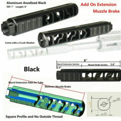 DB TAC Aluminum 1/2''x36 TPI Thread For 9mm Caliber, Square Profile 3.6" Short Muzzle Brake With 2.4" Extension No Outside Thread