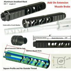 DB TAC Aluminum 1/2''x28 TPI Thread For .223/5.56/9mm Caliber, Square Profile 3.6" Short Muzzle Brake With 2.4" Extension No Outside Thread With Thread Converter Combo