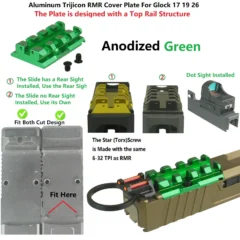 DB TAC Green Color Mount for RMR Cut Slide Cover Plate With Top Rail for Red Dot Fits Glock 17 / 19 / 22 / 23 / 26 / 27 / 31 / 32 / 33 / 34 / 35 / 45 / 47 Cut Slides