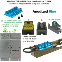 DB TAC Light Blue Color Mount for RMR Cut Slide Cover Plate With Top Rail for Red Dot Fits Glock 17 / 19 / 22 / 23 / 26 / 27 / 31 / 32 / 33 / 34 / 35 / 45 / 47 Cut Slides