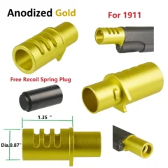 DB TAC Muzzle Brake For 1911 .45 ACP .38 and 9mm Compensator, Round Tube Style Anodized Gold Color