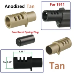 DB TAC Muzzle Brake For 1911 .45 ACP .38 and 9mm Compensator, Round Tube Style Anodized Tan Color